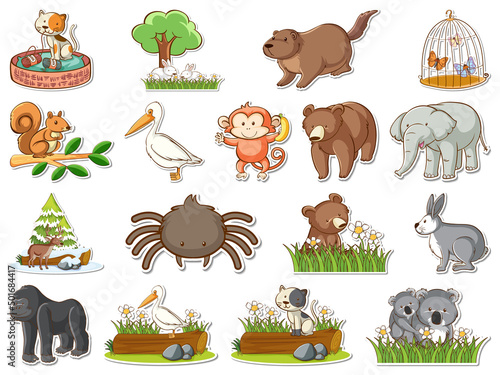 Sticker set of cartoon wild animals