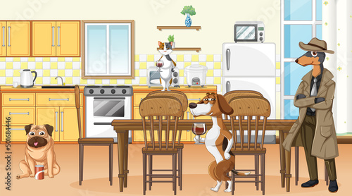 In house scene with dogs drinking wine