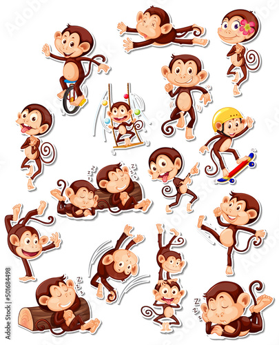 Sticker set of funny monkey cartoon characters