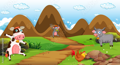 Scene with farm animals in the field