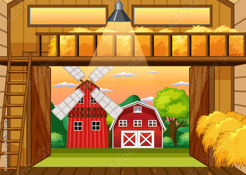 Farm scene with barn and windmill