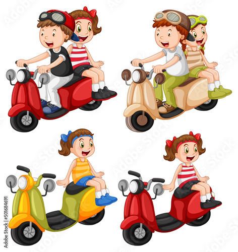 Set of different kids riding motorcycle