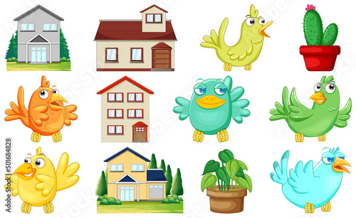 Different house designs and cute birds