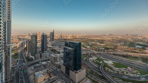 Photography Panorama showing Dubai marina and JLT skyscrapers along Sheikh Zayed Road aerial timelapse