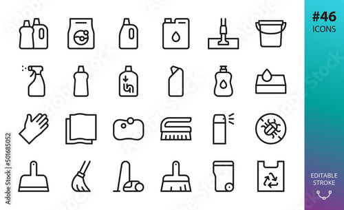 Household chemicals and Cleaning isolated icons set. Set of liquid detergent, washing powder, fabric softener, plastic pail, flat mop, household gloves, garbage container, trash bags vector icons