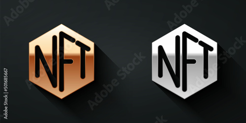 Gold and silver NFT Digital crypto art icon isolated on black background. Non fungible token. Long shadow style. Vector