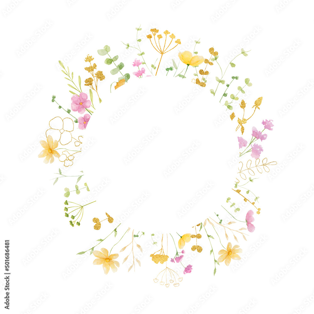 Fototapeta premium Wildflower golden summer watercolor floral frame on white background. Wedding invitation. 