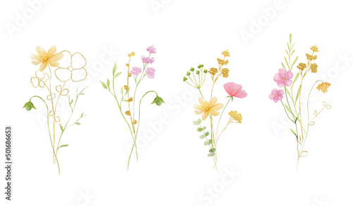 Wildflower bouquets watercolor set   golden leaves. Summer floral art composition.