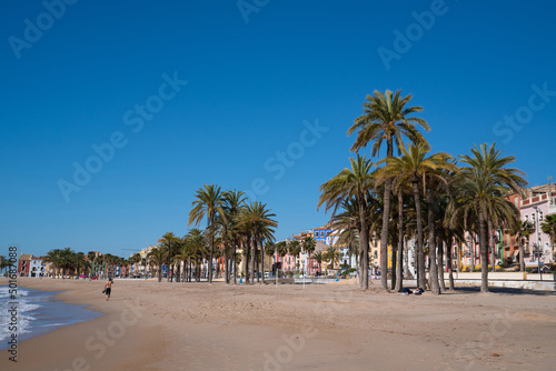 Palm trees blue sky and spanish beach Villajoyosa Spain near Benidorm Costa Blanca Alicante