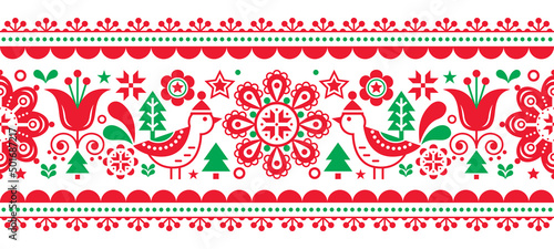 Christmas Scandinavian seamless vector pattern with birds in winter hats, stars and Chrismtas trees, Nordic folk art repetitive red and green ornament on white background
  