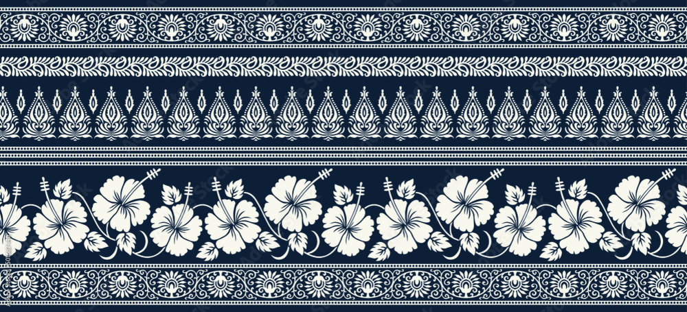 Hibiscus flower border with traditional Asian design elements - obrazy, fototapety, plakaty 