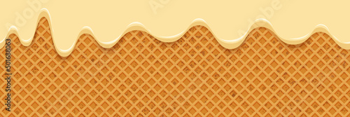 Ice cream melted on waffle background. Seamless pattern sweet icecream flowing down on cone. Glaze or caramel dripping on wafer texture backdrop. Vector illustration