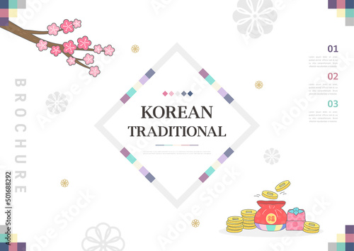 Template with Korean tradition pattern background. Brochure. Translation: "luck" 
