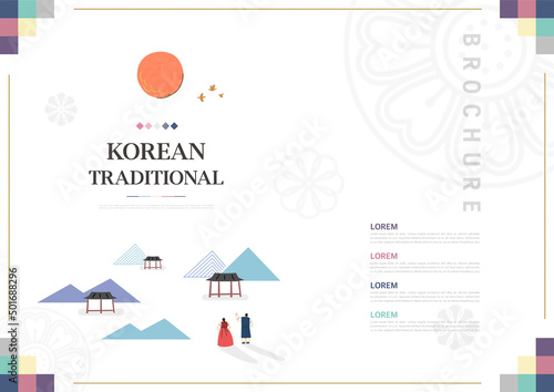 Template with Korean tradition pattern background. Brochure

