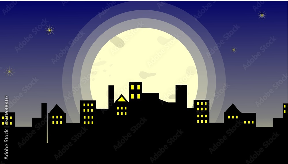 4K silhouette of the city with moon and night sky background. Cityscape background. Simple night blue sky texture. Urban landscape. For banner or template. 