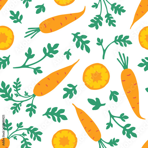 Cute carrot seamless pattern. Whole vegetables, slices and leaves. Flat vector hand drawn illustration in cartoon style