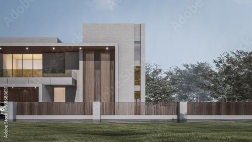 3D rendering illustration of modern house with natural landscape