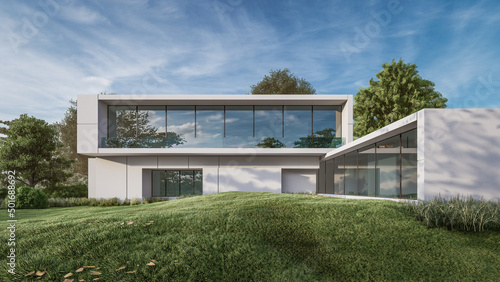 Fotografia 3D rendering illustration of modern house with natural landscape