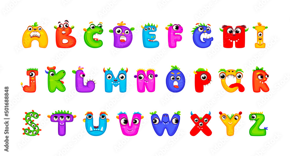 English alphabet with funny monsters. Set of Monster funny cut aphabet with English letter. letters. Colorful cartoon children Education and development of children detailed colorful Illustrations English alphabet with funny monsters. Set of Monster funny cut aphabet with English letter. letters. Colorful cartoon children Education and development of children detailed colorful Illustrations