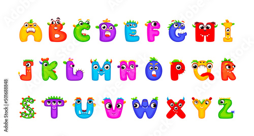 English alphabet with funny monsters. Set of Monster funny cut aphabet with English letter. letters. Colorful cartoon children Education and development of children detailed colorful Illustrations