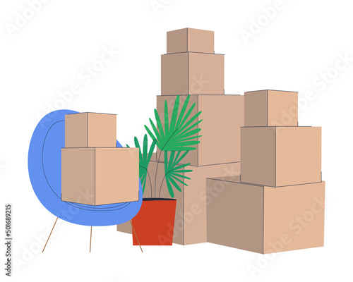 Boxes, an armchair and a flower. Delivery service or apartment moving. Flat vector illustration. Eps10