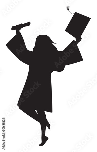 Silhouette of a graduate girl in a special dress and hat. Flat vector illustration. Eps10