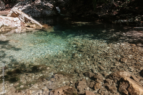 mountain stream with clear water among the rocks in forest