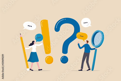 Question and answer, FAQ, frequently asked questions or problem solving, solution or support idea concept, businessman and woman with exclamation mark, question mark with speech bubble conversation. photo