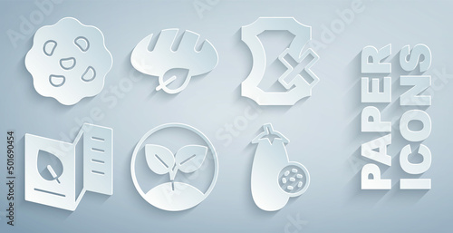 Set Sprout, No leather, Vegetarian food menu, Eggplant, Vegan bread loaf and Cookie or biscuit icon. Vector
