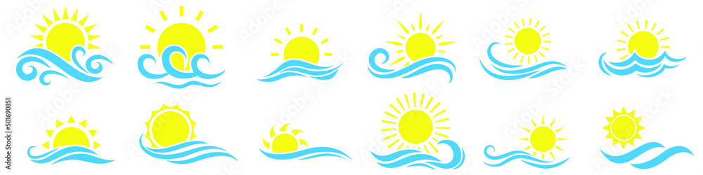 Sun and sea icon vector set. sunrise and sunset illustration sign collection. seaside vacation symbol. waves logo. Sun and sea icon vector set. sunrise and sunset illustration sign collection. seaside vacation symbol. waves logo.