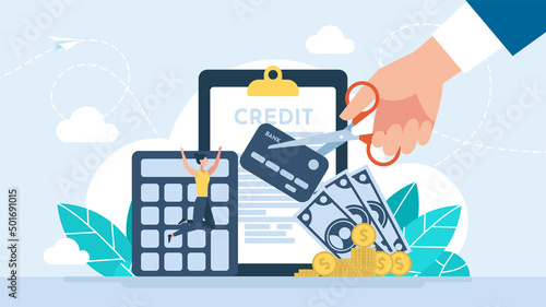 Loan repayment. Lending. Loan cancellation. Denial of funding. Lending metaphor. Bank service abstract concept. Credit rating. A happy woman jumps for joy. Flat vector illustration. photo