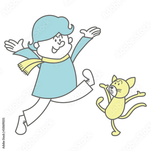 猫と遊んでいる子供のイラスト素材