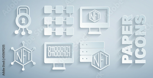 Set Binary code, Monitor with art store app, NFT blockchain technology, and Cyber security icon. Vector
