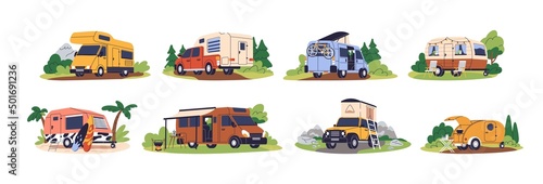 Foto Camper cars, holiday caravans, vans, trailers, summer motorhomes, camping RV set