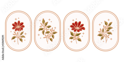 Set of hand drawn vintage botanical gerbera daisy flower, leaf branch elements and linear frame for feminine logo and beauty brand	