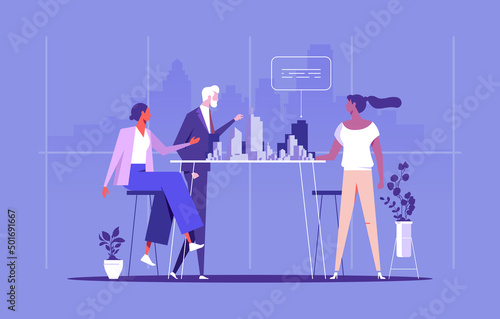 Business real estate investment with group investor in office meeting concept, young men and women sitting at table and creating new project 