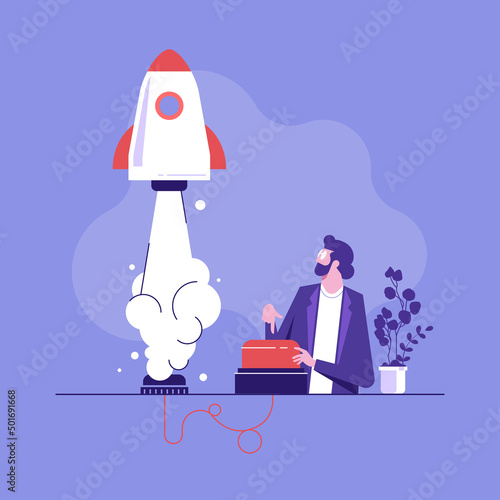 Business start up concept vector illustration. Business man hand push rocket button. Vision statement, business growth metaphors, product strategy