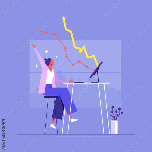 Success online trader, stock market and crypto currency internet trading, earn money from investment technical analysis concept, smart young adult woman make money by trading online on laptop computer