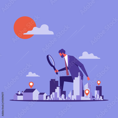Businessman holding magnifying glass and Building, building selection, Investment opportunity vector concept
