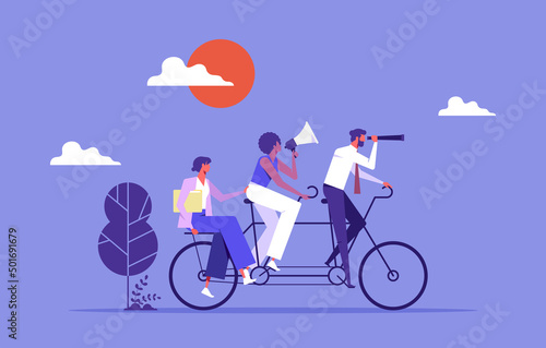 Teamwork vector concept, team of three business people riding a bicycle, partners work together to achieve common goals, Cooperation Leadership Metaphor
