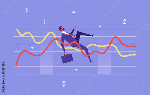 Financial investment volatility, uncertainty or change in business and stock market concept, businessman investor fall on uncertainty, volatile up and down arrow profit graph