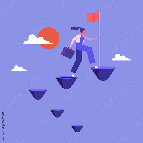 Stairway to success, successful businesswoman climbed up the career ladder, feminists power
