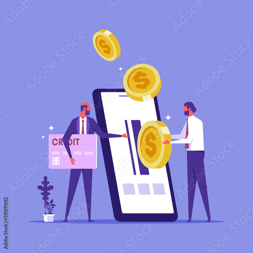 People making payment with smartphone app. Concept of secure mobile payment, online banking, card to card money transfer service, transaction, donation, digital wallet. Vector illustration.
