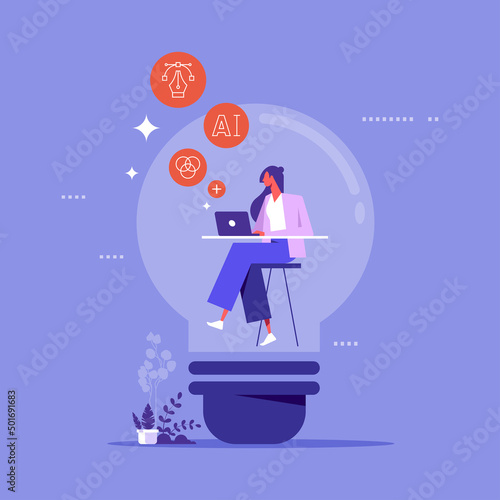 Content creation, creative person vector concept. Woman developer or Designer sitting in lightbulb with laptop and works on creative project. Symbol of creativity, writing, copywriting