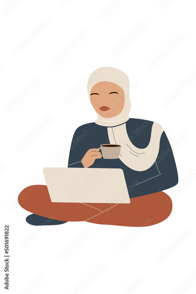 Muslim woman with laptop in modern style. Freelancer girl in hijab. Concept of online education.Flat vector illustration isolated on white background. Muslim woman with laptop in modern style. Freelancer girl in hijab. Concept of online education.Flat vector illustration isolated on white background.
