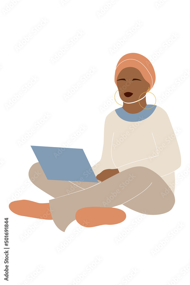 Black muslim woman with laptop in modern style. Freelancer girl in hijab. Concept of online education.Flat vector illustration isolated on white background. Black muslim woman with laptop in modern style. Freelancer girl in hijab. Concept of online education.Flat vector illustration isolated on white background.