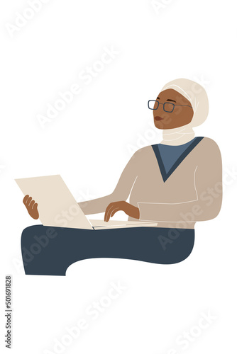 Black muslim woman with laptop in modern style. Freelancer girl in hijab and glasses. Concept of online education.Flat vector illustration isolated on white background.