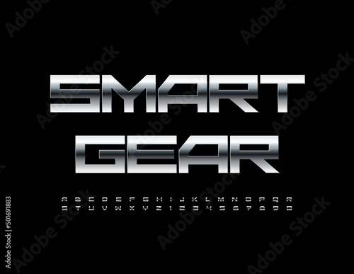 Vector techno emblem Smrt Gear with modern chrome Font. Silver Alphabet Letters and Numbers set