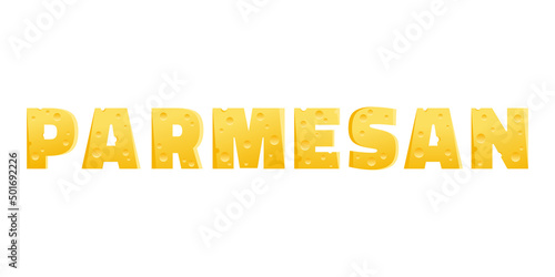 Word parmesan cheese from letters in the form of pieces of cheese. Vector stock illustration