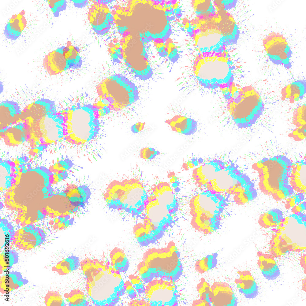 Psychedelic punk rock grunge paint splatter blurred seamless pattern. Print for texile, fabric, stationery, cover, packaging, wallpaper